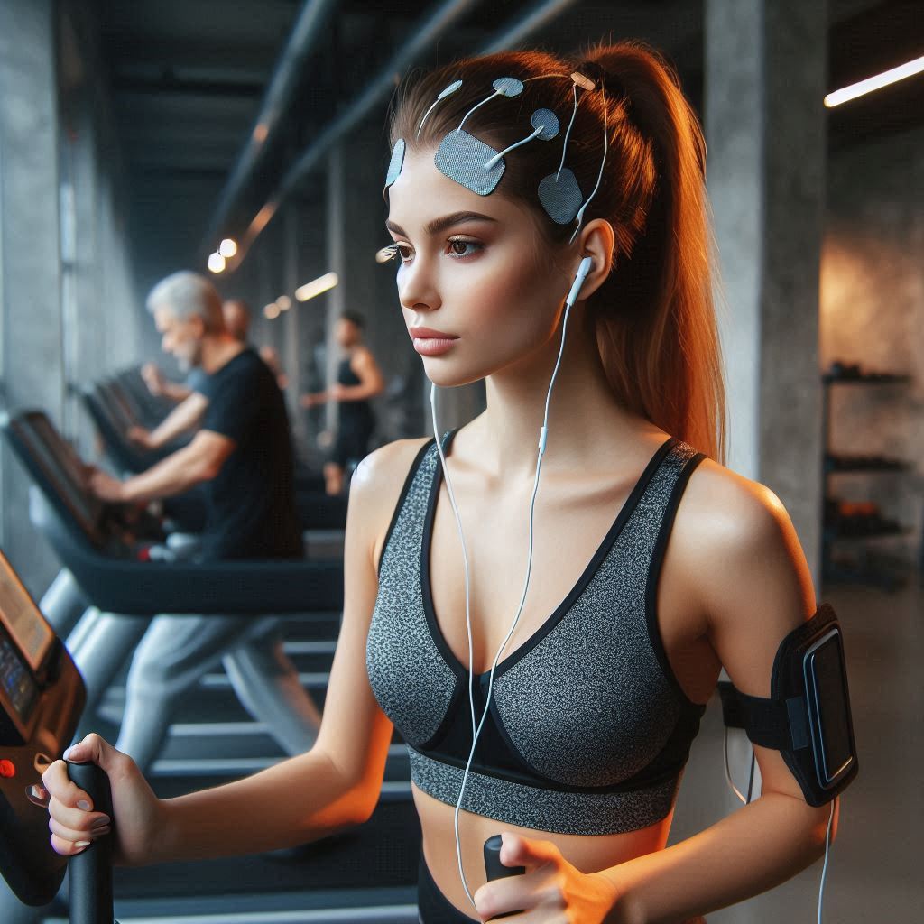 Woman working out with tDCS device on